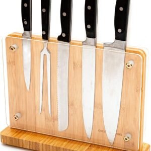 Magnetic Knife Block for Countertop, Double Sided Magnetic Knife Holder with Acrylic Shield, Universal Bamboo Knife Block Holder, Knife Stand for Kitchen Storage