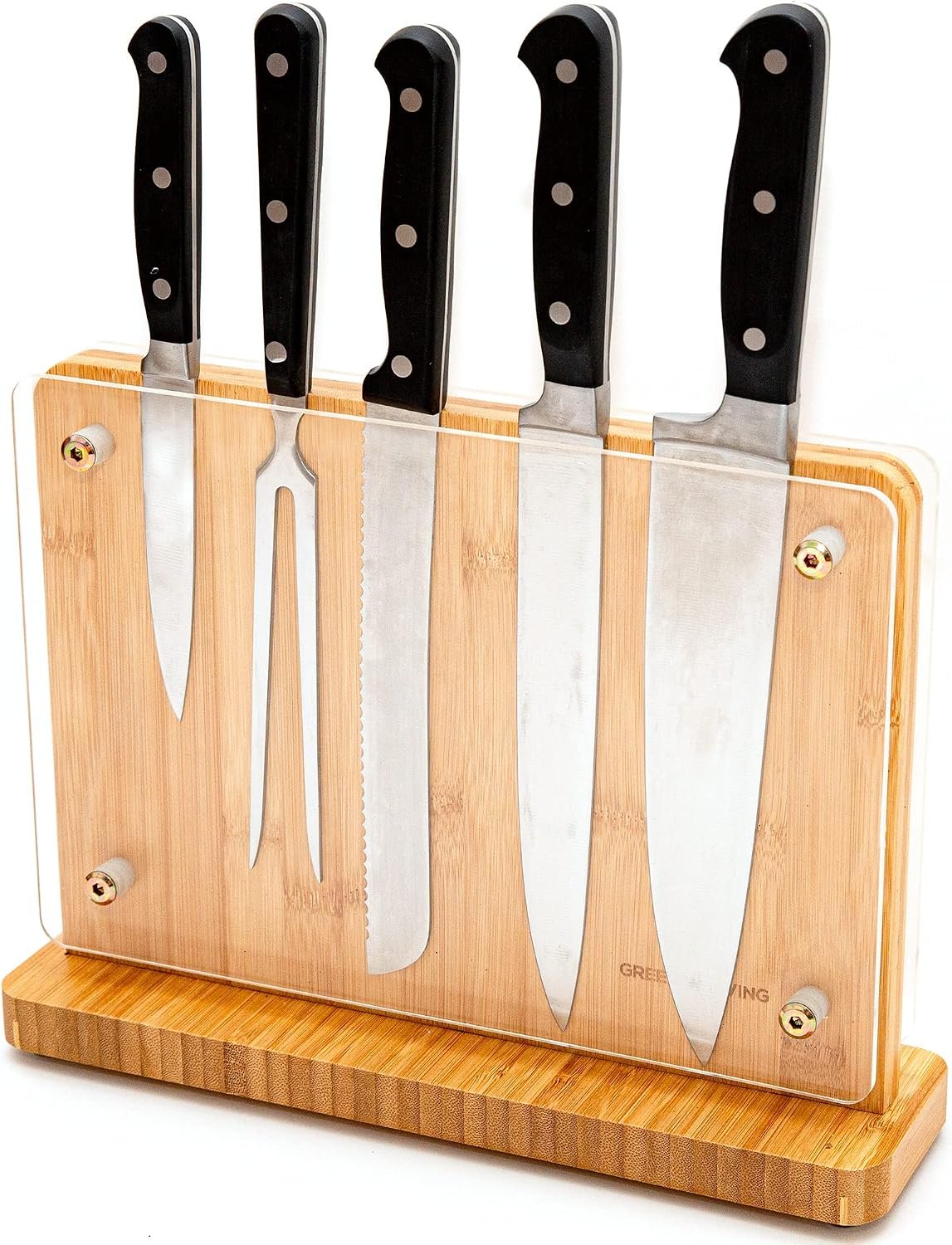 Magnetic Knife Block for Countertop, Double Sided Magnetic Knife Holder with Acrylic Shield, Universal Bamboo Knife Block Holder, Knife Stand for Kitchen Storage