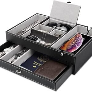 Mens Valet Box，2 Layers Dresser Top Nightstand Organizers, EDC Dump Tray, Catch All Tray, Jewelry Storage Box with Large Charging Station for Jewelry Key Wallet and Phone Black
