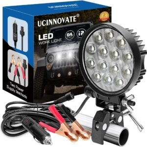 Portable LED Boat Spotlight with Mounting Clamp, 2 Way Power Super Bright LED Work Light 12V Marine Spot Lights for Boats Fishing, Battery Clamps/Cigarette Lighter Power Headlights for Camp Truck RV
