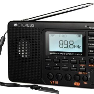 Retekess V115 Digital Radio AM FM, Portable Shortwave Radios, Rechargeable Digital Tuner and Presets, Support Micro SD and AUX Record, Bass Speaker Black