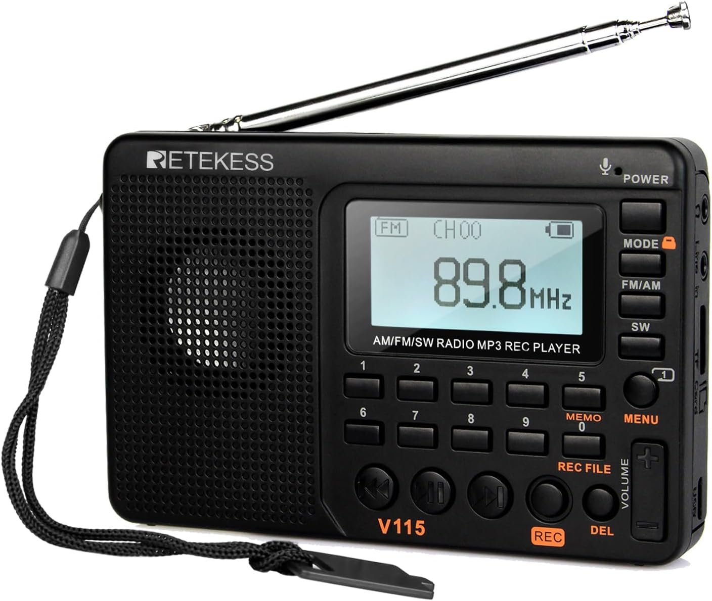 Retekess V115 Digital Radio AM FM, Portable Shortwave Radios, Rechargeable Digital Tuner and Presets, Support Micro SD and AUX Record, Bass Speaker Black