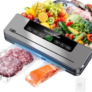 Yakiter Vacuum Sealer Machine, 6-in-1 Automatic Sealing Food Saver Machine with 30Pcs Sealing Bags, Dry & Moist Sealing Modes, Built-in Cutter,for Food Fresh and Storage (Grey)