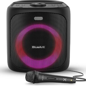 BlueAnt X4 Portable Bluetooth Party Speaker, 50W Powerful Sound with Bass Boost, LED Light Show, Wired Microphone Included, Up to 12 Hours Playtime, Duo Mode, Splashproof, Black