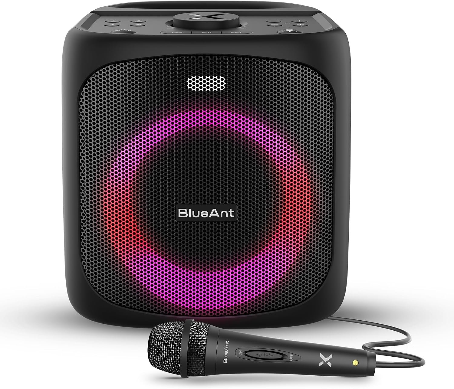 BlueAnt X4 Portable Bluetooth Party Speaker, 50W Powerful Sound with Bass Boost, LED Light Show, Wired Microphone Included, Up to 12 Hours Playtime, Duo Mode, Splashproof, Black