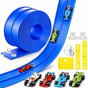 15Ft Flexible Hot Wheels, Bendable Roll-Up Car Track with 4 Cars & Suction Cups, Portable Outdoor for 1/64 Diecast Cars