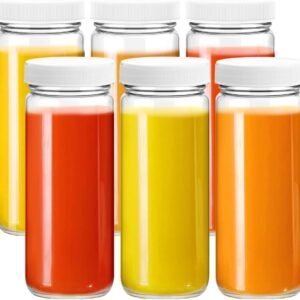 16 oz Clear Glass Water Bottles Set, 6 Pack Wide Mouth with Lids for Juice, Smoothies, Beverage Storage - Durable, Reusable, Dishwasher Safe, Leak Proof