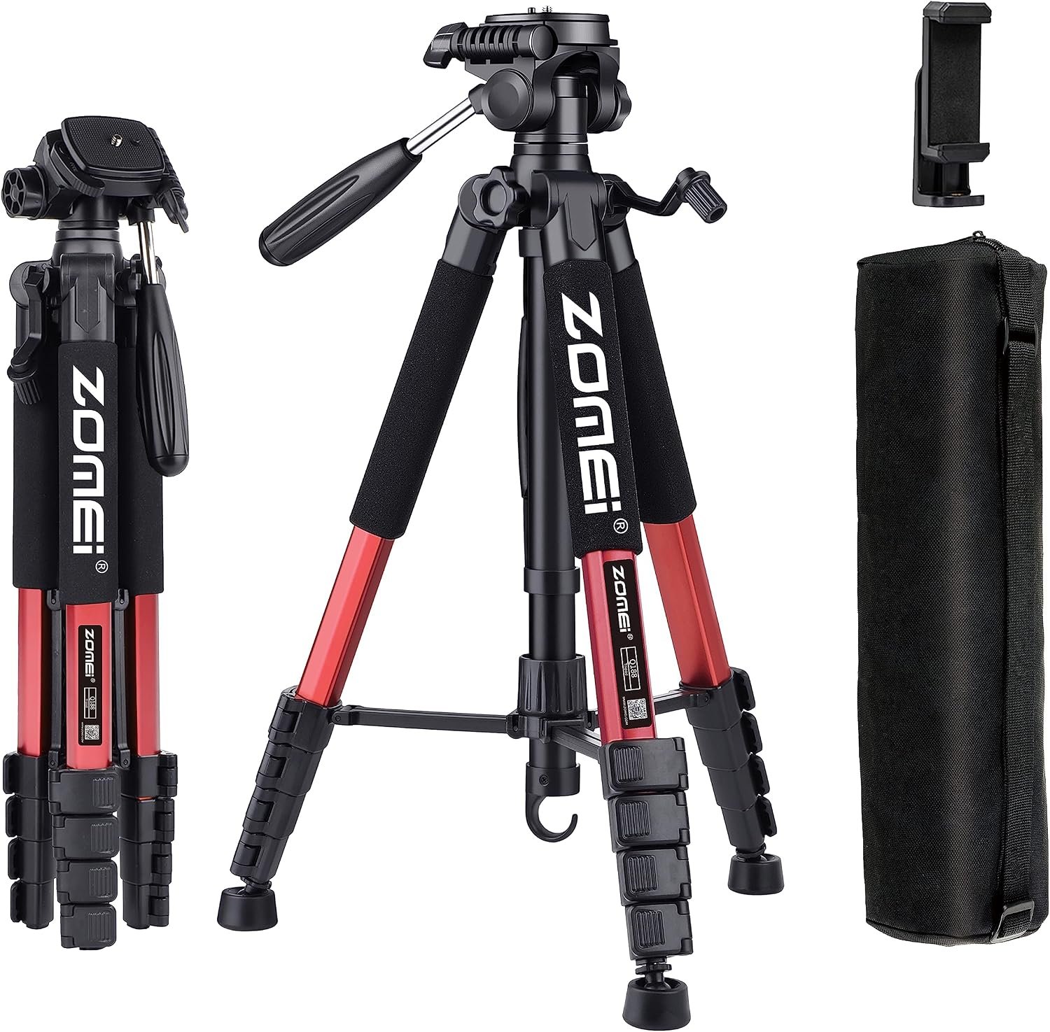 ZOMEi 188 cm Tripod Heavy Duty Tall Tripod Stand, Professional Travel Video Tripod Compatible with DSLR Cameras, Mobile Phones, Projector, Binoculars, Spotting Scope (Red)