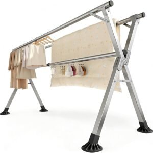 2.4M Folding Clothes Drying Rack Outdoor Indoor, Heavy Duty Stainless Steel Laundry Drying Rack, Collapsible Clothes Airer Clothing Rack with Hooks & Clips, Portable Foldable Laundry Rack