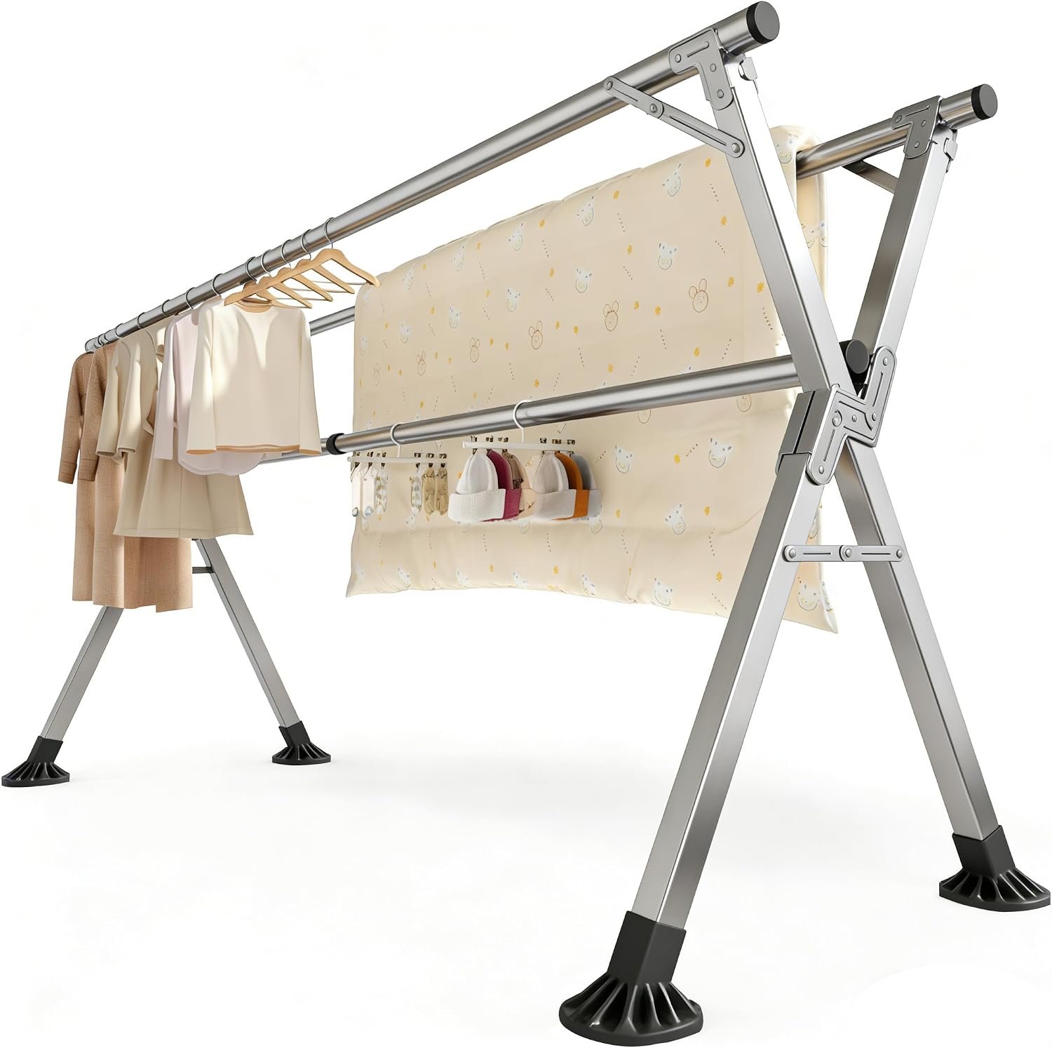 2.4M Folding Clothes Drying Rack Outdoor Indoor, Heavy Duty Stainless Steel Laundry Drying Rack, Collapsible Clothes Airer Clothing Rack with Hooks & Clips, Portable Foldable Laundry Rack