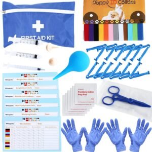 48Pcs Puppy Whelping Kit – 12 Collars, Feeding Set, Record Cards and More