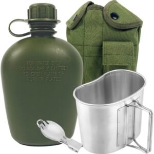 Camping Canteen Kit 1L Aluminium Bottle Cup Spoon & Fork Set