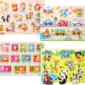 OundarM 4 Pack Wooden Peg Puzzles Board Montessori Toys for Kids Toddlers