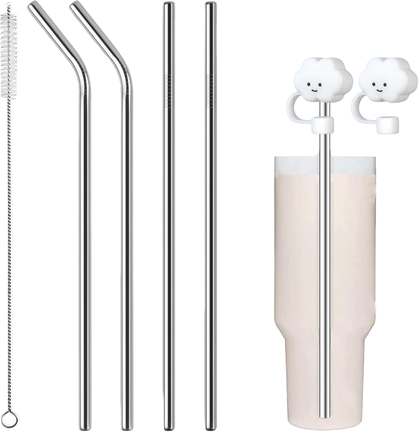 Click to see full view 4 Pcs 30cm Stainless Steel Straw,40oz Cup Replacement Straws,Reusable Straws, with Cleaning Brush & Cloud Covers