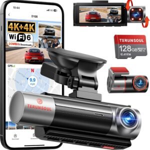 4K+4K+1080P 3 Channel Dash Cam, Free 128GB Card, AProX HD Night Vision | Dash Cam Front and Rear with Cabin, 5.8GHz WiFi6 - up to 20MB/s, App, GPS, G-Sensor, 24H Parking Mode, Support 512GB Max, Black