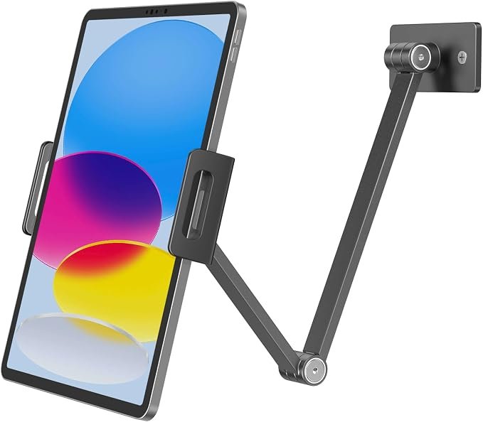 BEWISER Tablet Wall Mount,iPad Stand Holder for Kitchen Office,Adjustable Swivel 360 Rotating,Aluminium Alloy Compatible with 4.7-12.9 inch Pad,Phone,Kindle Fire,Galaxy Tab,Grey
