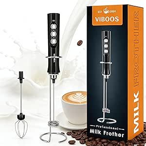 VIBOOS Handheld Milk Frother, Rechargeable Foam Maker with Stainless Steel Whisk for Coffee, Latte, Matcha, Protein Shakes | Portable Battery Operated