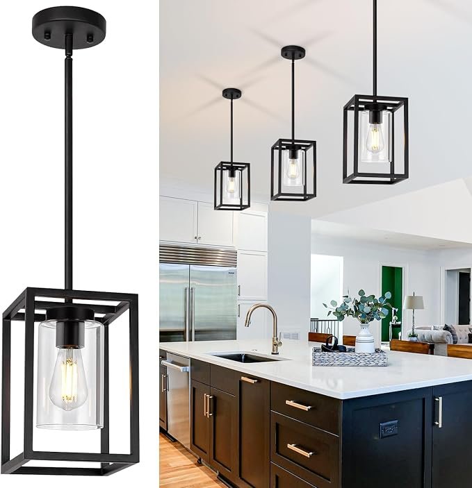 Pendant Lights Kitchen Island Black 1-Light Modern Farmhouse Chandeliers with Clear Glass Shade Industrial Light fixtures Ceiling for Dining Room Hallway Foyer Hanging Adjustable Height