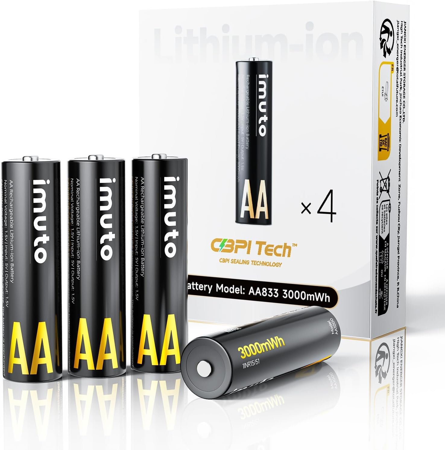 imuto AA Rechargeable Batteries 4 Pack 3000mWh 1.5V Lithium 1600 Cycles