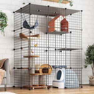 Large Cat Enclosure Playpen, 111x75x146cm Metal Indoor/Outdoor Cage with 3 Platforms & 5 Doors, Fits 1-4 Cats