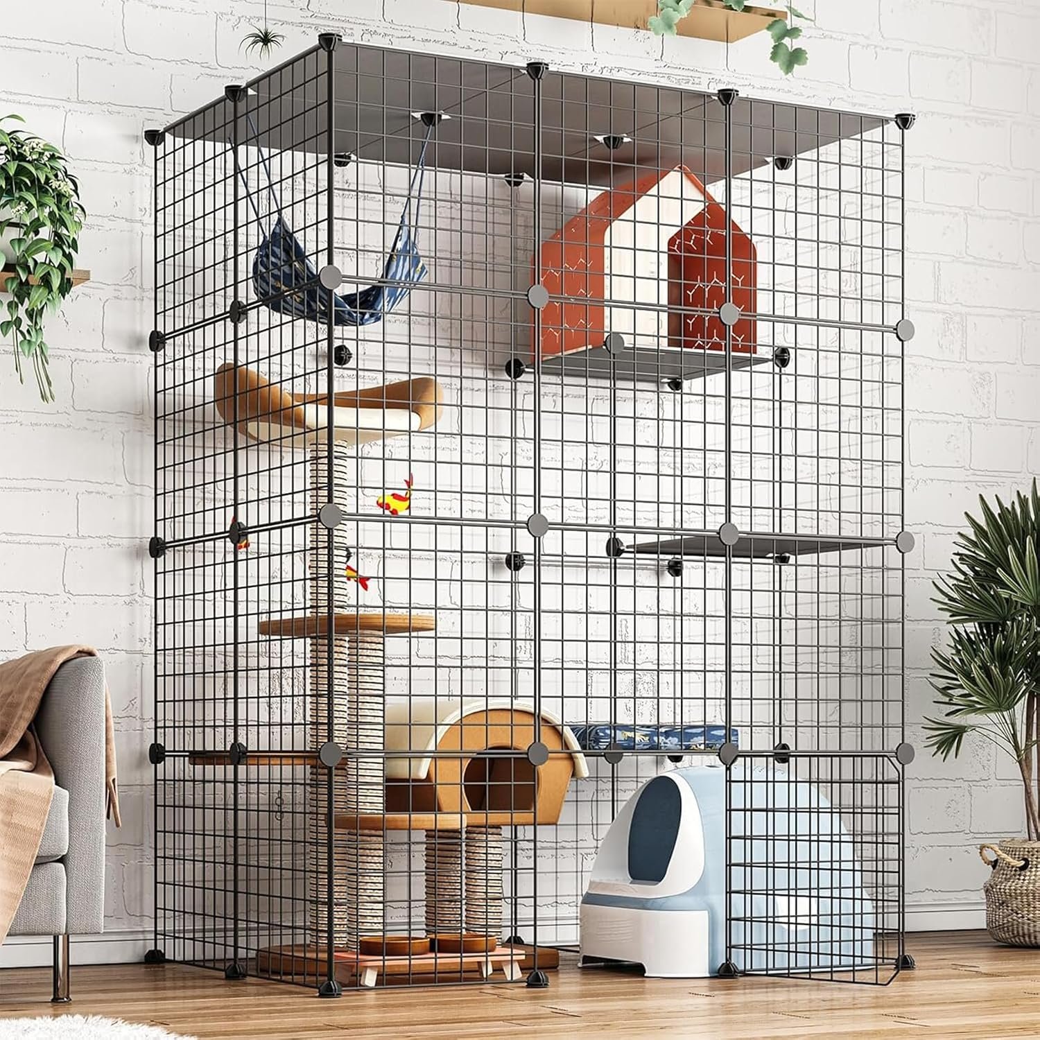 Large Cat Enclosure Playpen, 111x75x146cm Metal Indoor/Outdoor Cage with 3 Platforms & 5 Doors, Fits 1-4 Cats