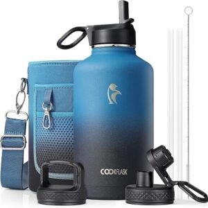 Coolflask 2 L Water Bottle Insulated with Straw & 3 Leakproof Lids