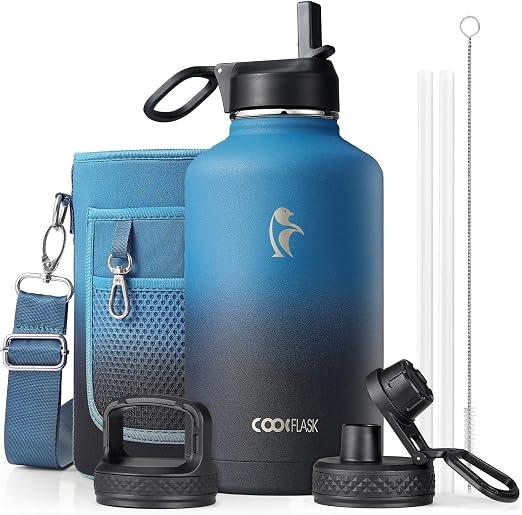 Coolflask 2 L Water Bottle Insulated with Straw & 3 Leakproof Lids