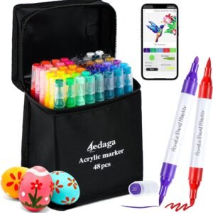 AEDAGA 48 Colors Acrylic Paint Pens with Free App, Dual Tip Acrylic Markers