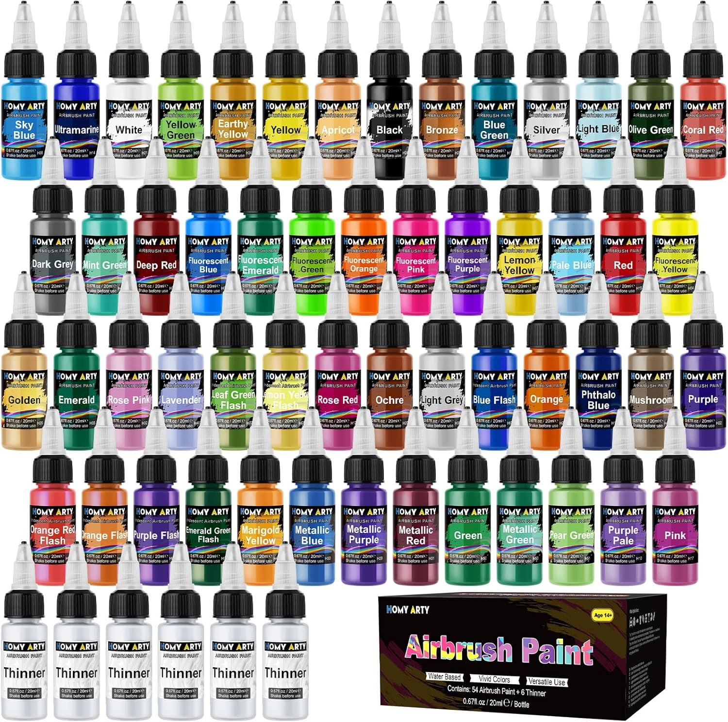 HOMY ARTY Airbrush Paint - 54 Colors with 6 Thinner