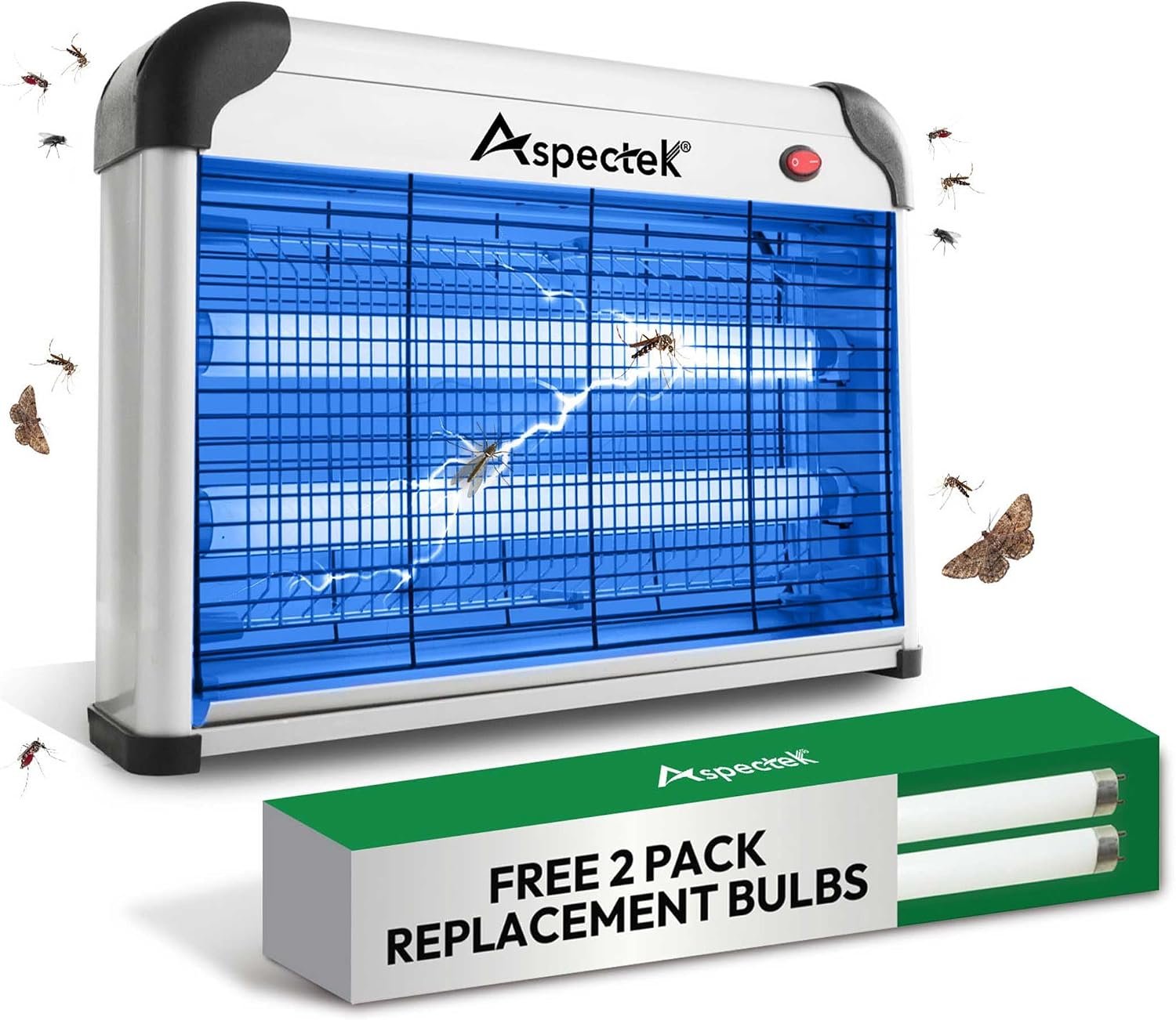 Aspectek 20W Electric Bug Zapper for Indoor Use. Effective Against Mosquitoes and Flies. 2 Extra Replacement Bulbs Included. Lightweight Design, 2800V Powerful Grid, Easy Cleaning, Washable Tray.