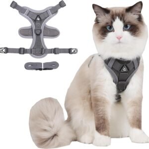 Cat Harness and Leash for Walking,Escape Proof Soft Adjustable Vest Harnesses for Cats,Comfort Fit and Adjustable Vest with Reflective Strip Design (Gray, M)