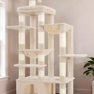 Heybly Cat Tree, 180 cm Tall Cat Tower for Large Maine Coon Cats HCT03MG Cat Condo Furniture with Extra-Large Baseboard, Multi-Level Platforms, 2 Hammocks and 12 Scratching Posts, Beige