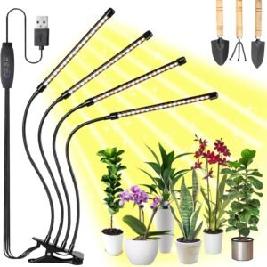 Clip on Led Grow Lights for Indoor Plants, Grow Light Strip Gooseneck Full Spectrum Sunlight Warm+White, with 3/9/12H Timer, 10 Dimming Modes for Seeds Succulent Hydroponics(4 Tubes Without Adapter)