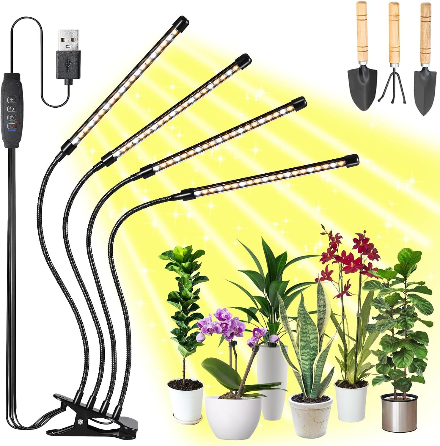 Clip on Led Grow Lights for Indoor Plants, Grow Light Strip Gooseneck Full Spectrum Sunlight Warm+White, with 3/9/12H Timer, 10 Dimming Modes for Seeds Succulent Hydroponics(4 Tubes Without Adapter)