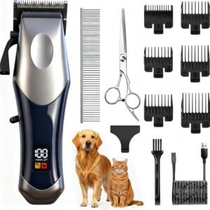 Dog Clippers Grooming kit for Thick Heavy Coats,Low Noise Rechargeable Cordless Pet Electric Clippers with Stainless Steel Blade,LCD Display Waterproof Dog Trimmer for Dogs Pets and Animals