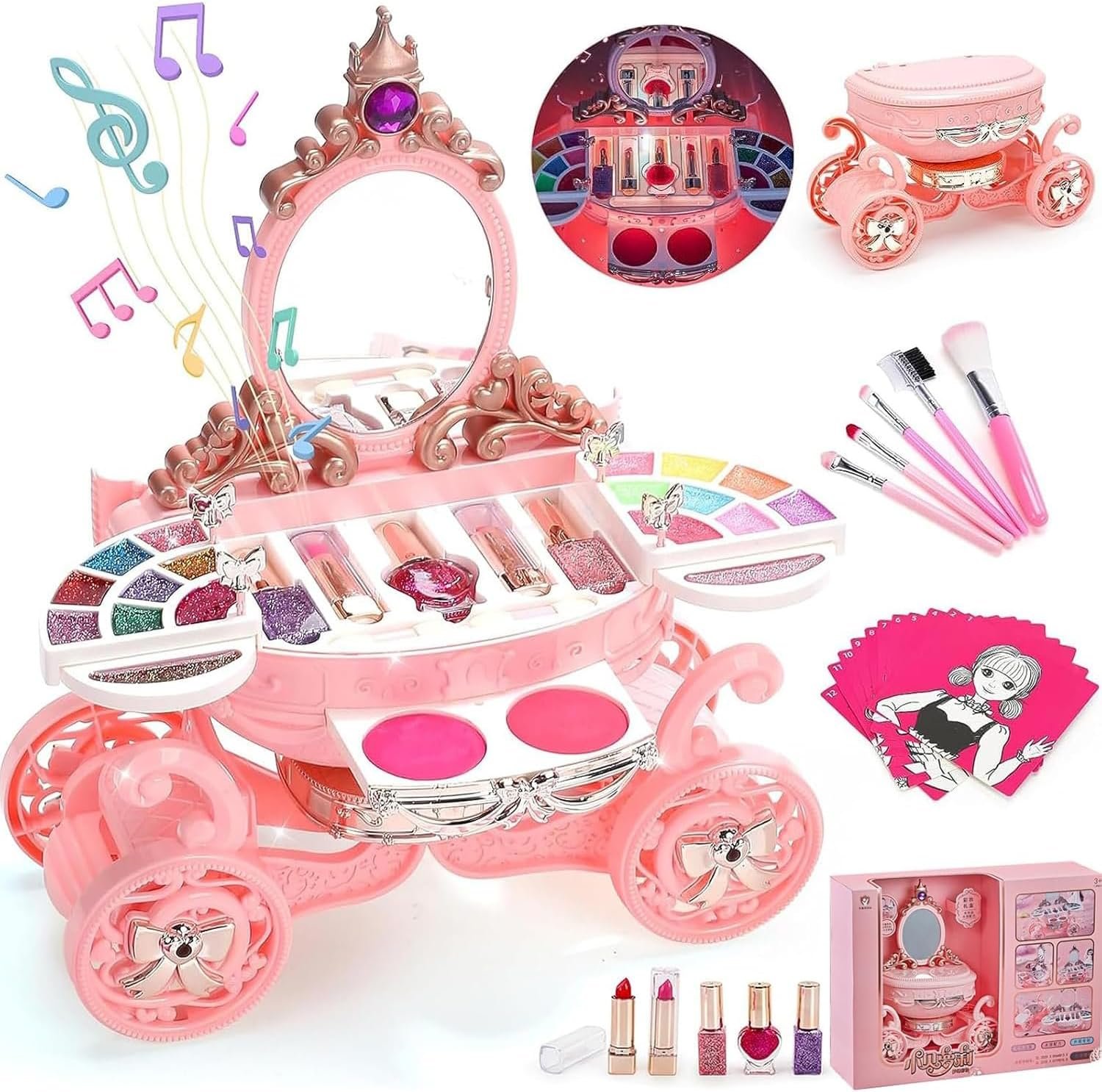 Kids Makeup Kit for Girl, 54 PCS Real Make Up Toys Makeup Set with with Lights and Music, Non ToxicToddlers Pretend Cosmetic Kits, Makeup Set Toddler Children Age 3-12 Year Old