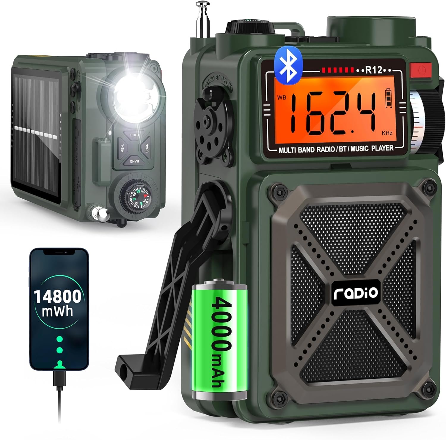 Portable Shortwave Radios with NOAA Weather Radio, Greadio 14800mWh Digital Radio AM FM with Bluetooth 5.4, Crank/Solar/USB Charging, Support USB/TF, Power Bank/SOS/Flashlight for Outdoor, Emergency