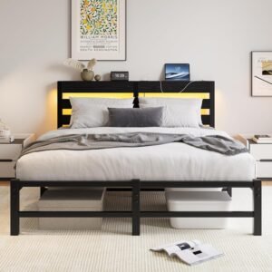 Queen Size Bed Frame with USB Charging Station and LED Lights, Heavy Duty Metal Platform Queen Bed Frame with Wood Storage Headboard, No Box Spring Needed, Noise Free, Easy Assembly, Black