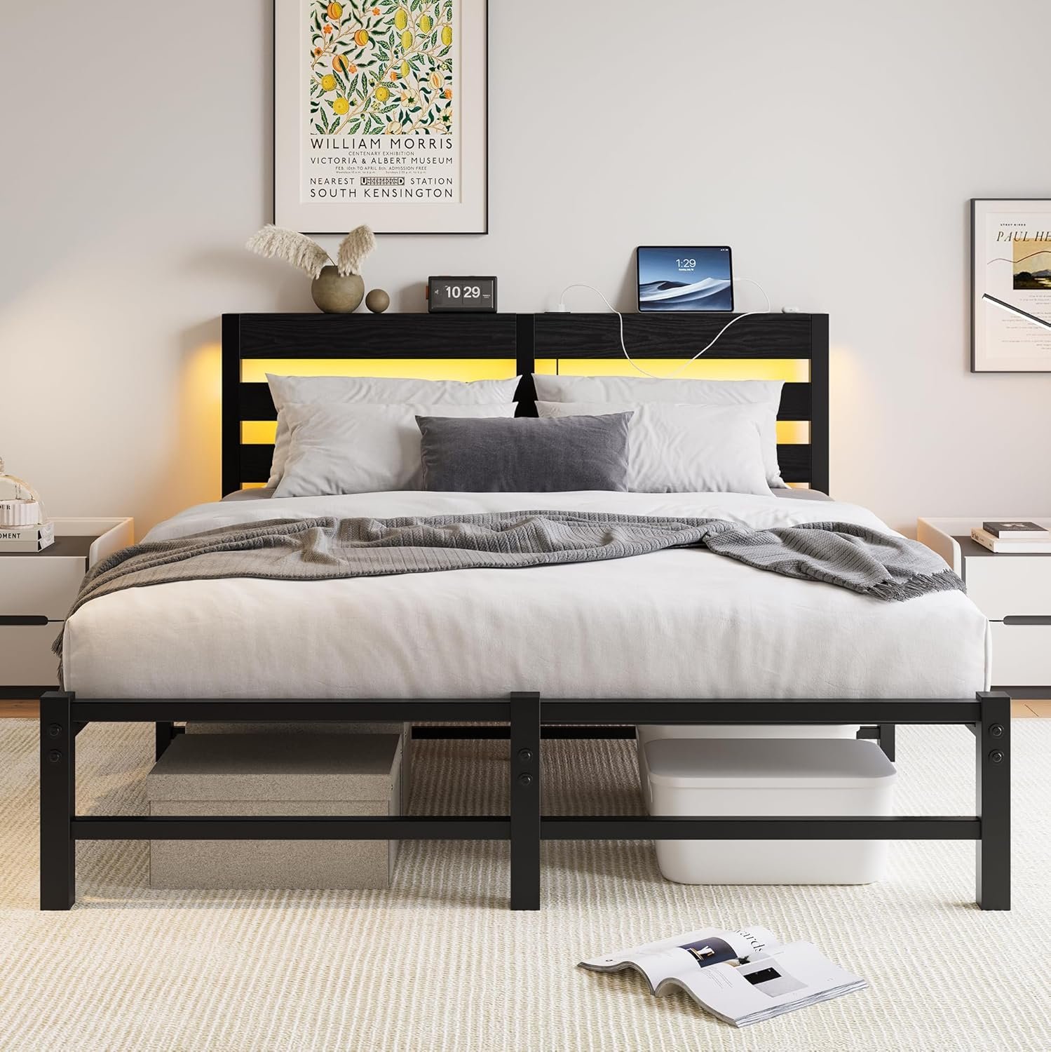 Queen Size Bed Frame with USB Charging Station and LED Lights, Heavy Duty Metal Platform Queen Bed Frame with Wood Storage Headboard, No Box Spring Needed, Noise Free, Easy Assembly, Black