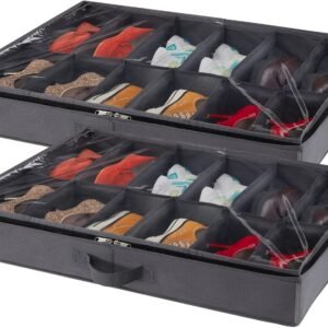 Lifewit Under Bed Shoe Storage Organizer for Closet, Underbed Storage Container Box with Clear See Through Window, Fabric Storage Bins with 2 Handles Total Fits 24 Pairs of Shoes, 2 Pack, Grey
