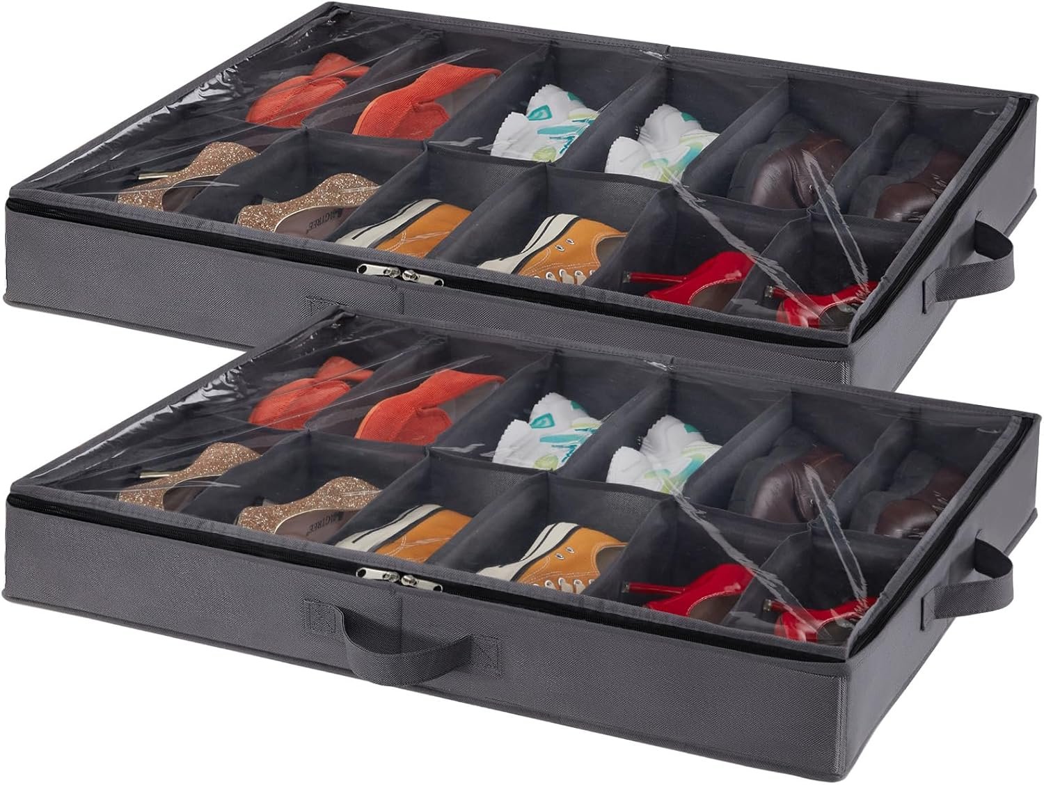 Lifewit Under Bed Shoe Storage Organizer for Closet, Underbed Storage Container Box with Clear See Through Window, Fabric Storage Bins with 2 Handles Total Fits 24 Pairs of Shoes, 2 Pack, Grey
