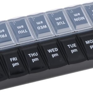 Weekly AM & PM Pill Organizer, Medicine Container 7 Days 2 Times Day and Night for Travel, Tablet Organiser Large for Vitamins Fish-oil Supplements Capsule Storage with Braille (Black & White)
