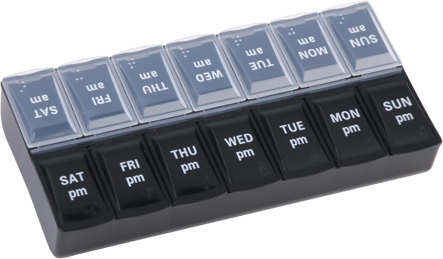 Weekly AM & PM Pill Organizer, Medicine Container 7 Days 2 Times Day and Night for Travel, Tablet Organiser Large for Vitamins Fish-oil Supplements Capsule Storage with Braille (Black & White)