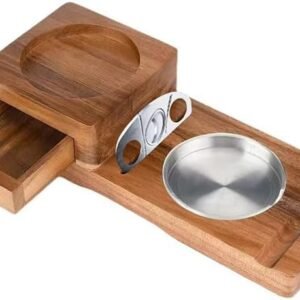 Wooden Cigar Ashtray Set with Cutter & Whiskey Holder, Multi-Functional Ash Tray with Built-in Drawer, Coaster Slot for Home, Office, Patio Use, Ideal Men's Gift