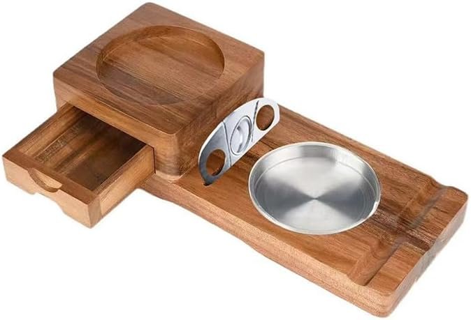 Wooden Cigar Ashtray Set with Cutter & Whiskey Holder, Multi-Functional Ash Tray with Built-in Drawer, Coaster Slot for Home, Office, Patio Use, Ideal Men's Gift