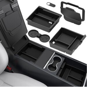 5PCS Center Console Organizer Set for Model Y Juniper Accessories, Model 3 Highland Shockproof Noiseless Storage Tray, Cup Holder & Armrest Drawer Organizer Accessories .EN1 YL(5pcs Set)